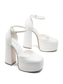 Women Platform High Chunky Block Heels Pumps Square Closed Toe Ankle Strap Solid Color Wedding Party Prom Festival Shoes - 白色 - 查看 2