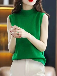 New Women's Knitted Undershirt Female Spring And Summer Lightweight Slim Ladies Short Solid Color Versatile Half-High Neck Bottoming Casual Lightweight Sleeveless Tops - 綠色 - 查看 3