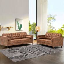 Lesofair 67" Faux Leather 2-Seat Sofa With 2 Bolster Pillows, Tufted Loveseat With Wooden Legs, Morden Sofa Suitable For Living Room, Office - 棕色 - 查看 6