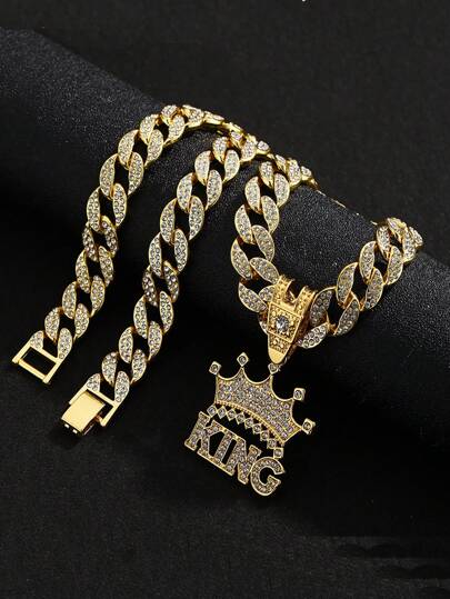 قلادة رجالية بسلسلة عنق قطعة واحدة من التاج الملكي المرصع بالراين ستون بطراز أوروبي وأمريكي هيب هوب، إكسسوارات قلادة