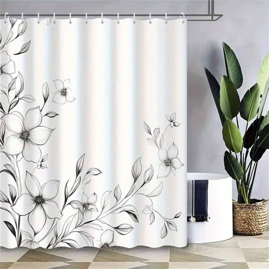 Floral Shower Curtain - Stunning Black And White Modern Flower Design, Water-Resistant And Machine Washable Polyester Fabric, Grommet Top, Unlined Woven Bath Curtain For Bathroom Decor With 12 Hooks Summer Bathroom Accessories Back To School