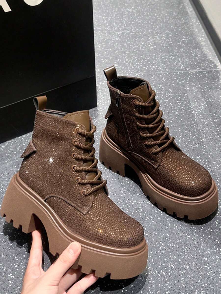 Brown Rhinestone Embellished Women's Boots, Fashionable HighEnd Dress