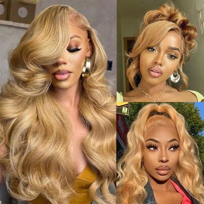 Honey Blonde Wig Human Hair 27# Colored Body Wave 13x6 Lace Front Wigs Human Hair 180 Density Wigs Human Hair Pre Plucked Blonde HD Lace Front Wigs Human Hair With Baby Hair 28 Inch