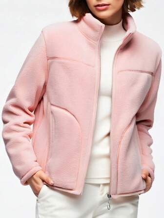 Damjacka med vändbar fleece, lös passform och långärmad, varm kappa för höst/vinter, lämplig för 5-20°C, luddigt material, lämplig för skidåkning och andra sporter