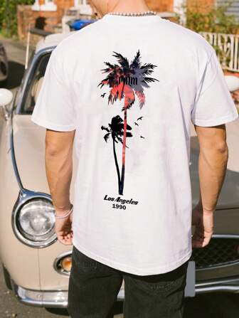 男士夏季假期字母与棕榈树印花圆领短袖休闲 T 恤