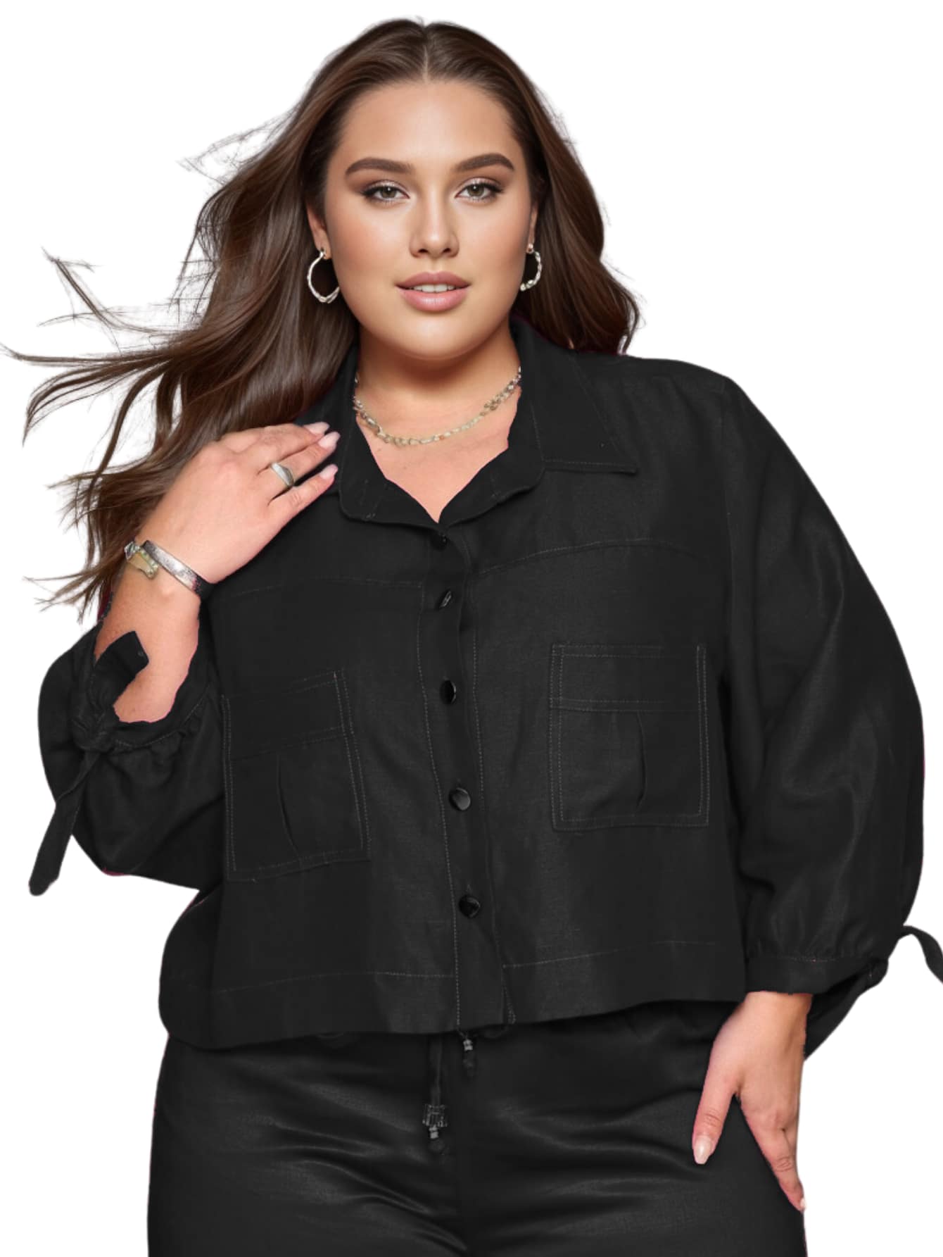 Plus Size Shirt Short Elegant Jacket Casual Cropped - màu đen - Xem 1
