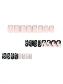 24 片短方形按压式雪花圣诞辣妹假指甲，含 1 瓶指甲胶和 1 把指甲锉，适合女性佩戴，3D 派对按压式假指甲 - 彩色 - 查看 2