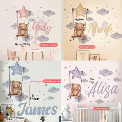 1 pieza 30*120cm/11.81*47.24in Adhesivo de pared con estampado de oso y estrella de dibujos animados para sala de estar, dormitorio, decoración mural removible de PVC, decoración del Día de San Valentín, regalo ideal para ella, amigos, hijo, hija, estudiantes, trabajadores, niños, hogar, oficina, con diseño adorable y colorido personalizado.
