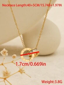 1 件金色奢华罗马数字双环吊坠项链锆石女士圆形不锈钢项链珠宝 - 金色 - 查看 5