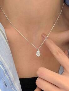 BALMORA 1 件优雅简约 S925 纯银珍珠几何锭项链，女士轻奢锁骨链，女孩生日礼物，节日装 - 銀色 - 查看 3