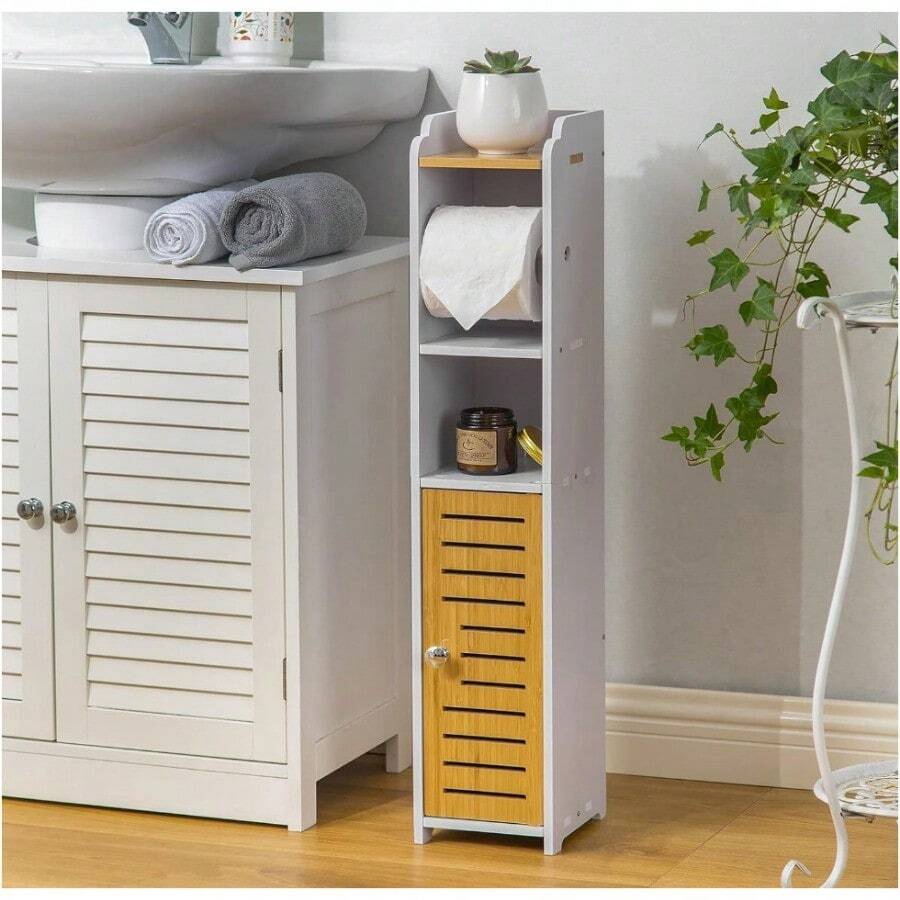 Bathroom Storage Slim Tower Toilet Paper Storage Shelves Bamboo