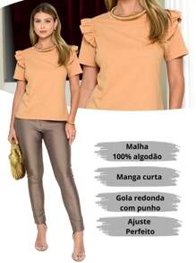 Basic Women's Cotton Knit Blouse, Short Sleeve With Ruffles. For All Occasions! - Màu be - Xem 5