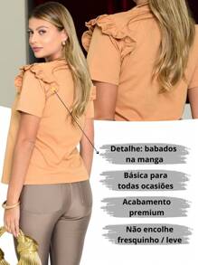 Basic Women's Cotton Knit Blouse, Short Sleeve With Ruffles. For All Occasions! - Màu be - Xem 6