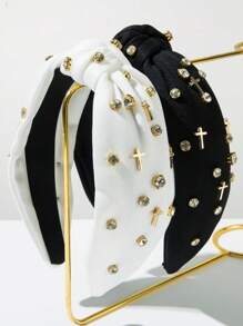1pc New Solid Color Fabric Knotted Rhinestone Decor Fashion Headband, Personalized Alloy Cross Accessory Hair Decoration - Very Suitable For Women And Women Daily Wear, Simple Facial Washing Hair Accessory, Hairband, Hair Hoop Headbands Head Accessories Beauty Home Hair Accessories,Summer,Holiday,Travel,Festival,Party - Multicolor - View 2