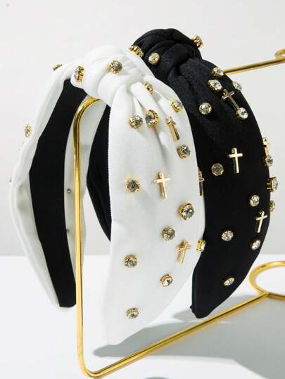 1pc New Solid Color Fabric Knotted Rhinestone Decor Fashion Headband, Personalized Alloy Cross Accessory Hair Decoration - Very Suitable For Women And Women Daily Wear, Simple Facial Washing Hair Accessory, Hairband, Hair Hoop Headbands