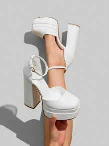 Women Platform High Chunky Block Heels Pumps Square Closed Toe Ankle Strap Solid Color Wedding Party Prom Festival Shoes - 白色 - 查看 4