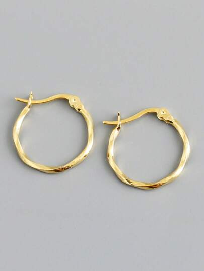 HuooNew 1 Pair Minimalist 925 Sterling Silver Round Circle Twist Hoop Earrings, Unisex Design, Suitable Gift