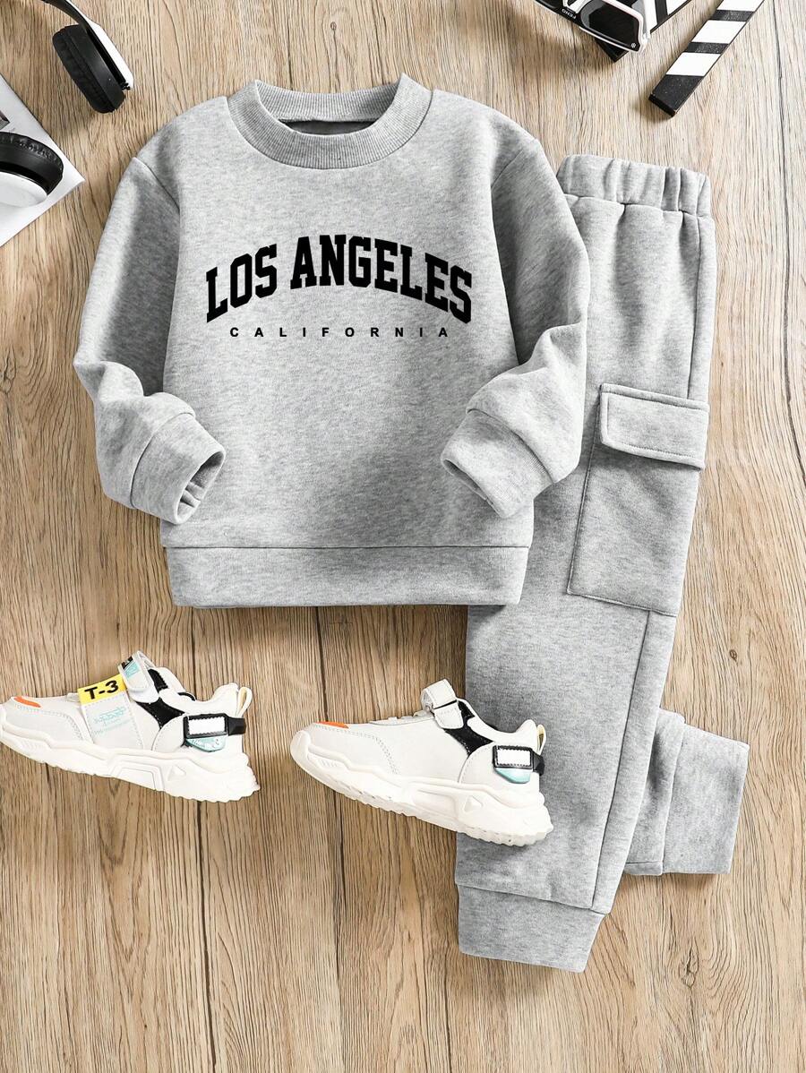 Tween Boy Letter Graphic Print Crew Neck Long Sleeve Sweatshirt And Sweatpants Casual Set
