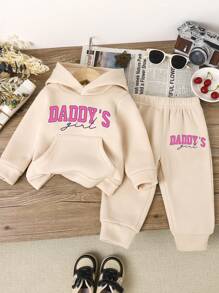 Bộ 2 món/Bộ áo nỉ dài tay in chữ thời trang cho bé gái và quần dài in chữ, Thu/Đông - Màu be - Xem 1