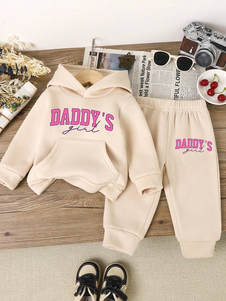 Bộ 2 món/Bộ áo nỉ dài tay in chữ thời trang cho bé gái và quần dài in chữ, Thu/Đông - Màu be - Xem 1