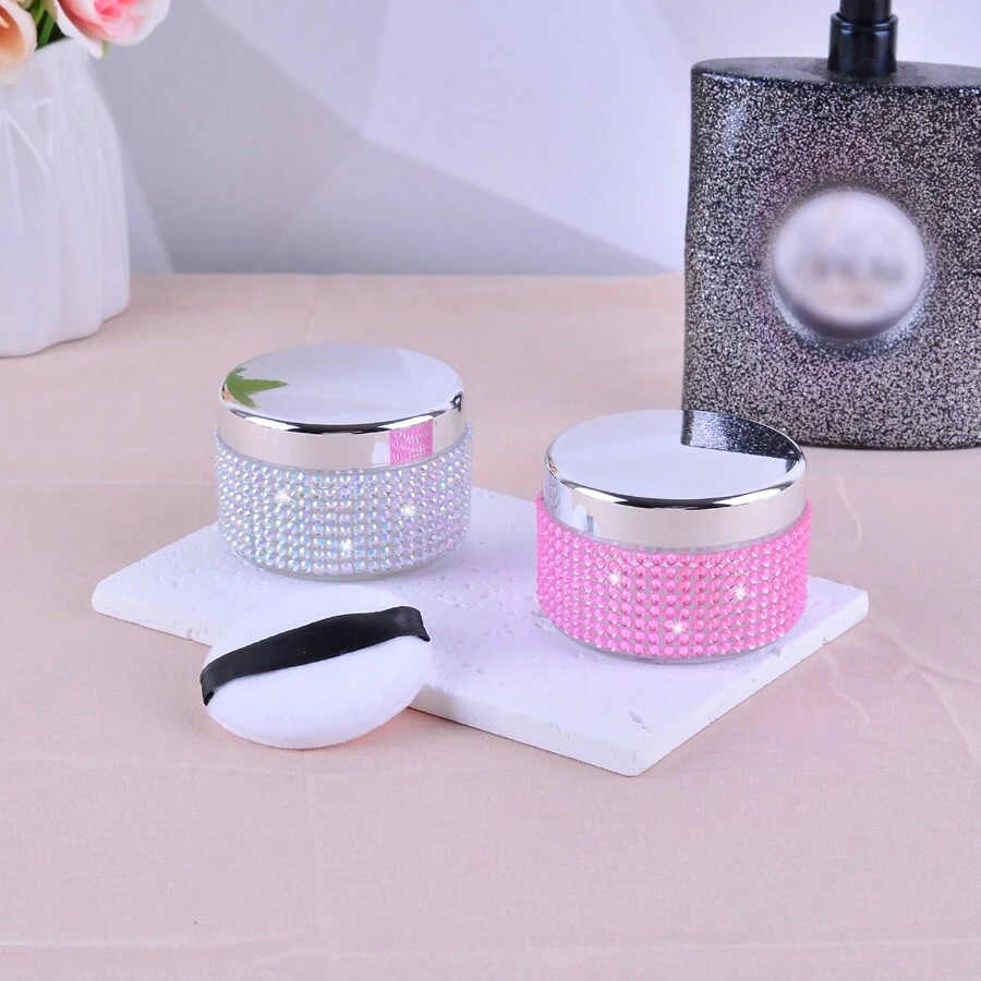 1pc 50g Empty Refillable Compact Powder Case With Puff, Rhinestones Decor, Portable And Compact - Multicolor - View 1