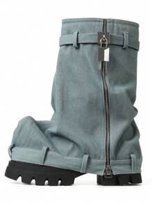Punk Goth Women Combat Boots Metal Chunky Heel Platfrom Fold Over Boots Metal Denim Mid Calf Sexy Cool Fashion Shoes - 藍色 - 查看 2