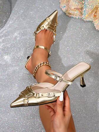 歐美風格尖頭細跟女士豆腐鞋,蘑菇釘修飾扣環,適用於搖滾音樂節、朋克風格和圓頭設計高跟女鞋