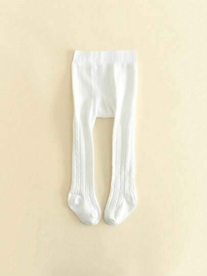 1 Pair Solid Color Cable Knit Tights, Soft & Comfortable Girls Leggings