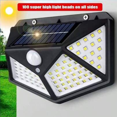 1个100颗LED太阳能灯，户外防水，带遥控器的运动传感器泛光灯，3种模式，太阳能供电，适用于庭院、车库、后院、花园墙壁