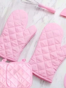Set de 2 piezas de guantes para horno y soportes para ollas de tela de poliéster rosa sólido, guantes microondas y protector de mesa, guantes para hornear, resistentes al calor para cocina en el hogar - Multicolor - Ver 5