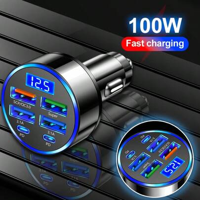 100W Car Charger, QC3.0 Fast Charging, 1-To-4 Car Cigarette Lighter Socket, 5-Port Car Charger, Quick Charge