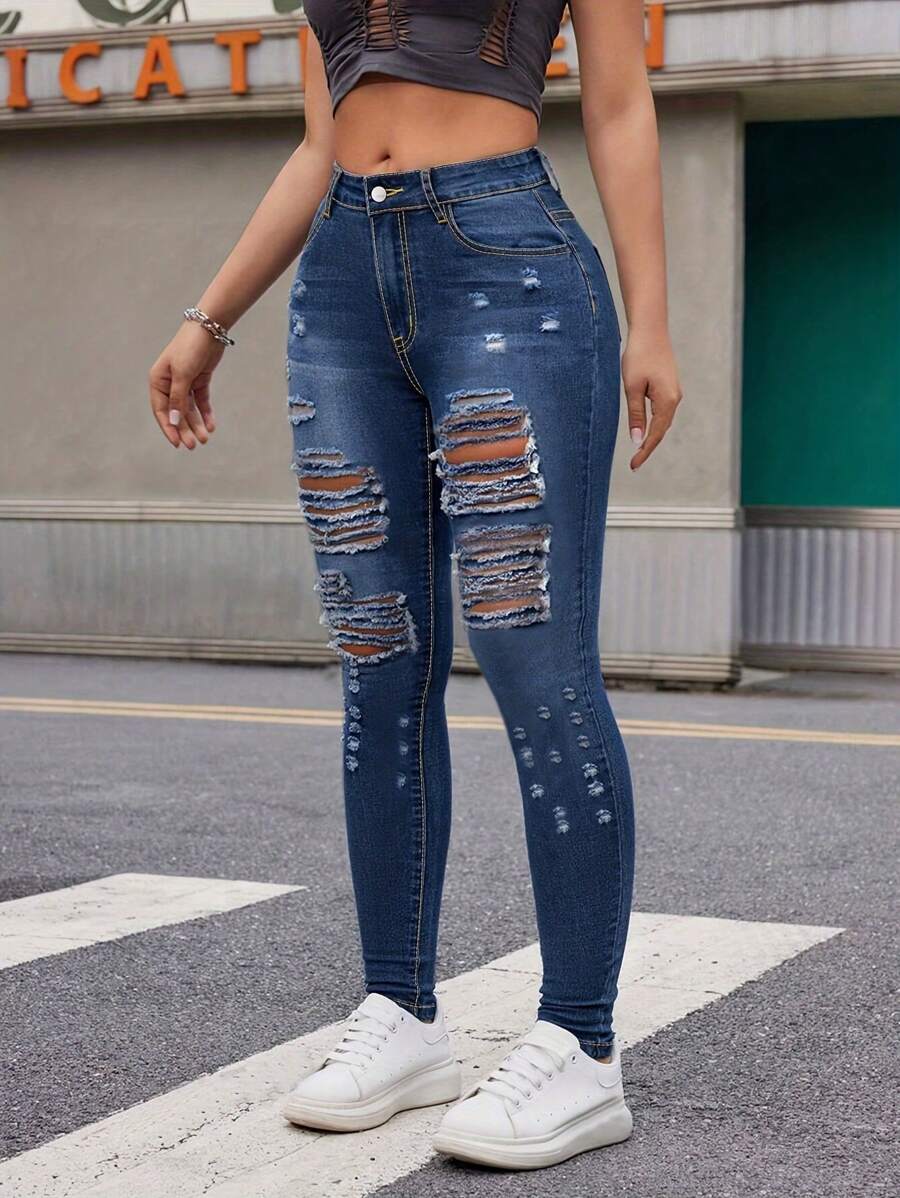 Plus Size Women's Stretchy Skinny Jeans - Ripped, Distressed, Ankle-Length Denim Pants With Comfortable Fit, Classic Basic Style, And Five-Pocket Design - Màu xanh lam - Xem 1
