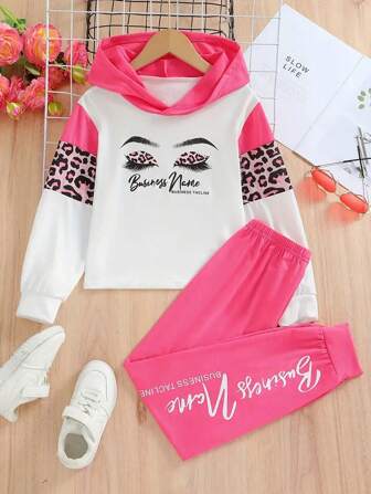 女孩睫毛豹纹拼接长袖连帽衫和字母印花长裤青少年女孩服装