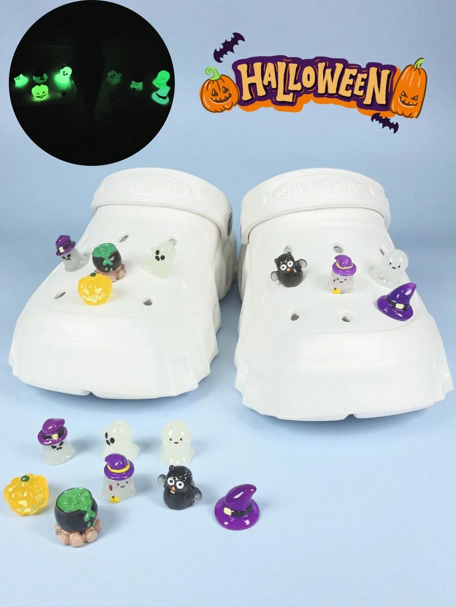 clip buckle Bộ 8 món/bộ bí ngô phát sáng, dơi, ma hoạt hình sang trọng trang trí, đồ trang trí không khí đêm Halloween, có thể tháo rời, dùng để trang trí giày