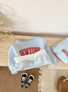 2 stuks/set babyjongen letterprint lange mouwen sweatshirt & sportbroek dikke thermische gevoerde set, herfst/winter