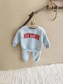 2 stuks/set babyjongen letterprint lange mouwen sweatshirt & sportbroek dikke thermische gevoerde set, herfst/winter