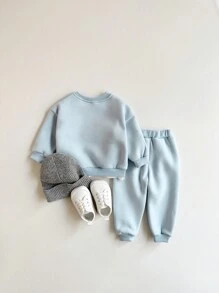2 stuks/set babyjongen letterprint lange mouwen sweatshirt & sportbroek dikke thermische gevoerde set, herfst/winter
