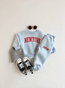 2 stuks/set babyjongen letterprint lange mouwen sweatshirt & sportbroek dikke thermische gevoerde set, herfst/winter