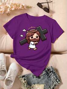 Women's Religious Printed T-Shirt Jesus Carrying Cross - 紫色 - 查看 2