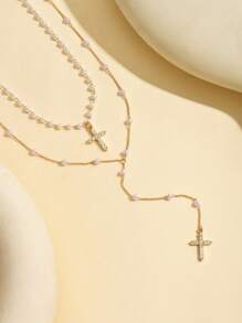 2pcs/Set Handmade Faux Pearl Glass Rhinestone Cross Pendant Necklace, Y-Style, Adjustable Length, Fashionable For Women, Suitable For Daily Wear, Shopping, And Photo Shoots