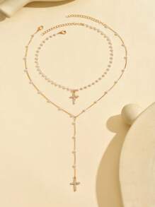 2pcs/Set Handmade Faux Pearl Glass Rhinestone Cross Pendant Necklace, Y-Style, Adjustable Length, Fashionable For Women, Suitable For Daily Wear, Shopping, And Photo Shoots