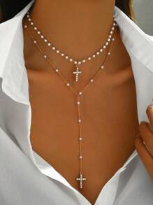 2pcs/Set Handmade Faux Pearl Glass Rhinestone Cross Pendant Necklace, Y-Style, Adjustable Length, Fashionable For Women, Suitable For Daily Wear, Shopping, And Photo Shoots