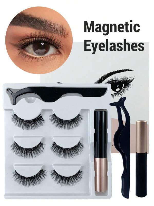 Hinarin 3 Pairs Of 3D Magnetic Eyelashes Magnetic Eyelashes Magnetic Eyeliner And Faux Mink Lashes Kit 24 Hours Waterproof Suitable For Daily Dating And Party Wear