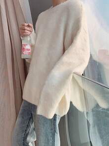 复古日系时尚小众白色毛衣新款初春秋季宽松温柔感长袖上衣女装 - 杏色 - 查看 3