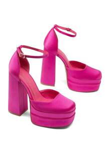 Women Platform High Chunky Block Heels Pumps Square Closed Toe Ankle Strap Solid Color Wedding Party Prom Festival Shoes - Màu Hoa hồng đỏ - Xem 2