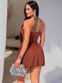 Women's Short Strapless Balloon Dress - 鏽棕色 - 查看 2