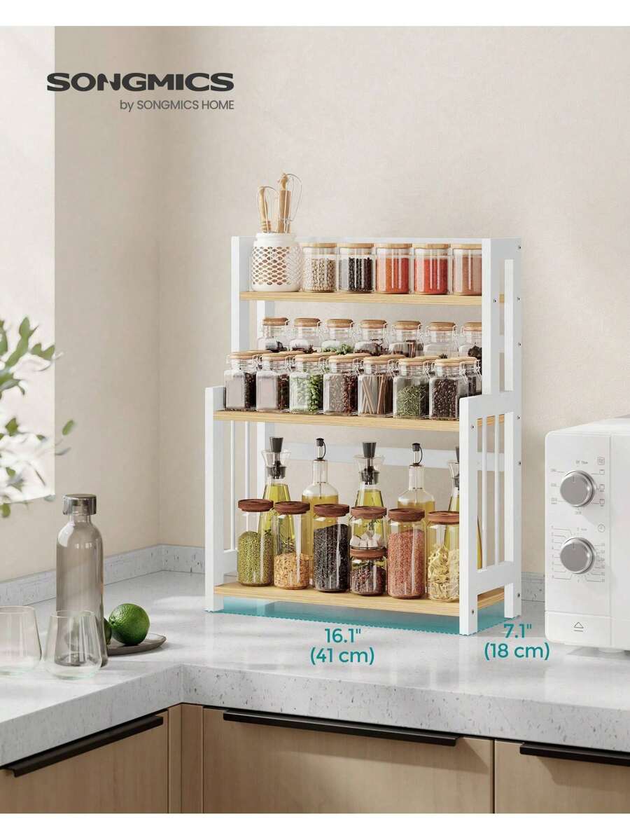 SONGMICS Spice Rack, 3-Tier Countertop Storage Shelf, Desktop Organiser With Bamboo Frame, For Kitchen, Dining Room, Office, Natural Oak - White - View 1