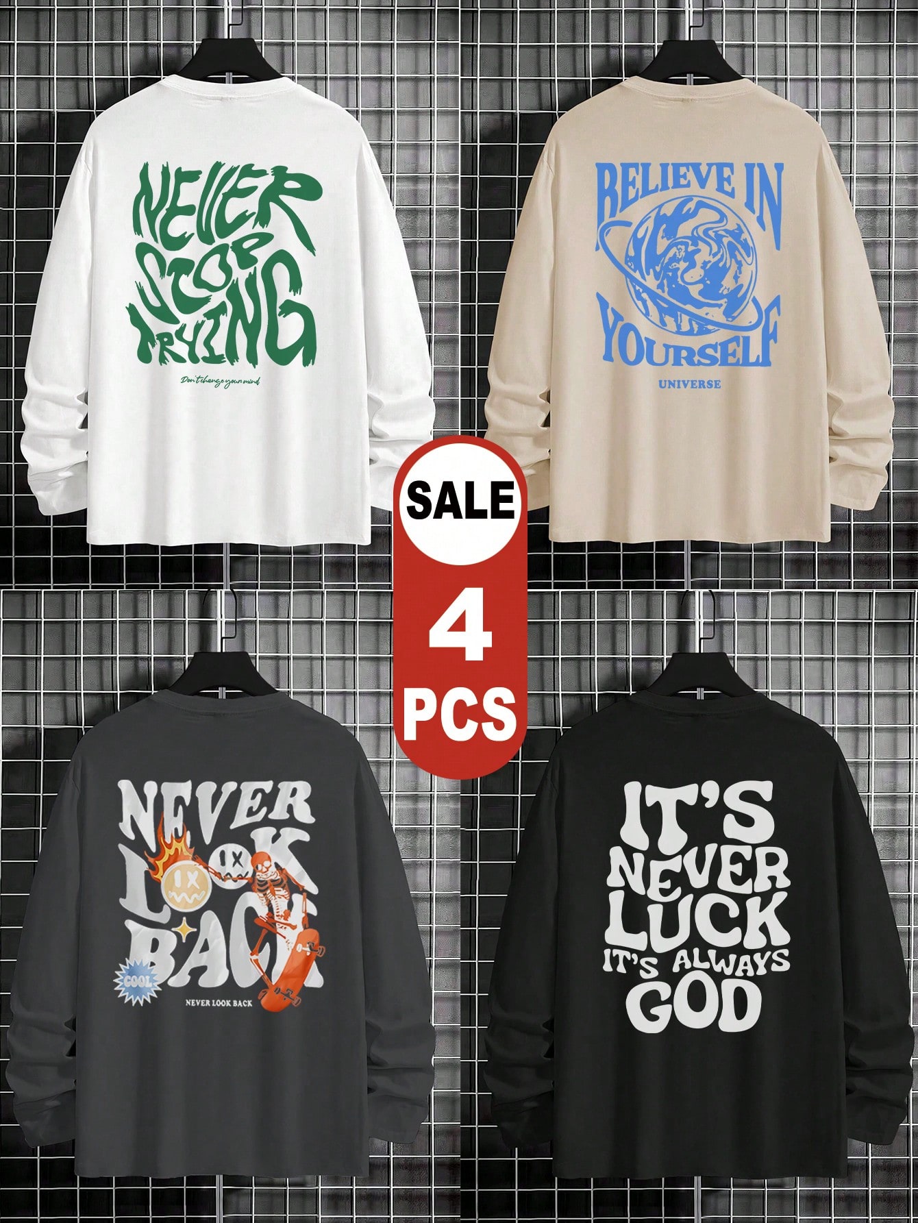 2pcs/Set Men's Letter Print Crew Neck Long Sleeve T-Shirts, Autumn