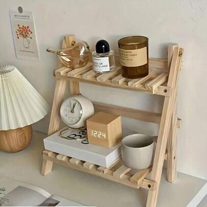 1pc Rustic Wooden Desktop Organizer Shelf,Display Stand - Double-Layer Storage Rack With Multifunctional Collapsible Design For Home Decor, Multi-Layer Desktop Storage Rack, Office Flower Stand, Home Storage Decorative Bracelet Earring Display RackOffice Accessories, Plant & Seasoning Display - Crude Wood Finish, Trapezoidal Shape, Space-Saving, Easy To Assemble