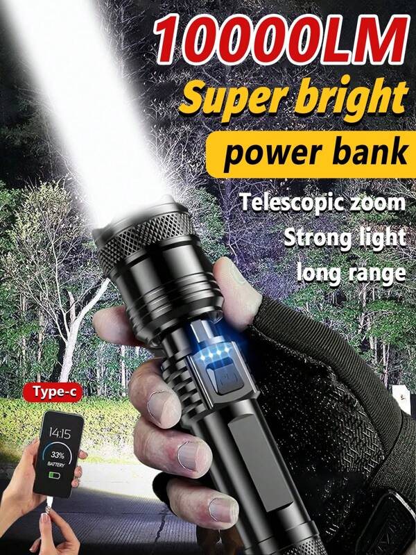 Lanterna LED P50 de alta potência de 1/2/4 peças, holofote de emergência com luz de exibição, 3 modos de trabalho, zoom ajustável, carregamento rápido TIPO C, bateria de grande capacidade, bateria de longa duração, pode carregar celulares, adequada para acampamento ao ar livre, exploração, pesca, patrulha e iluminação de emergência ao ar livre